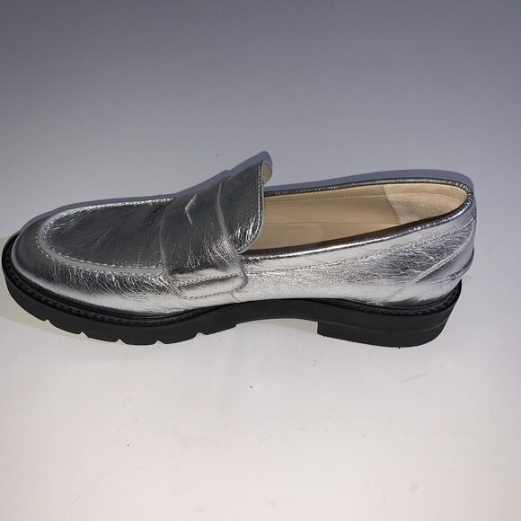 Stuart Weitzman Loafers Womens 10.5 AA Narrow Parker Lift Silver Metallic Lug - Picture 3 of 10